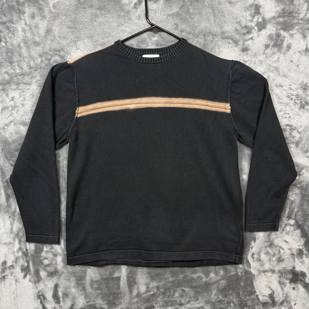 BKE 67 Sweater Mens L Black Excellent Stripe Long Sleeve Cotton Knit Crewneck